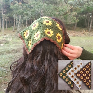 sunflower crochet bandana, sunflower hair scarf, cottage core bandana, retro bandana, crochet hair kerchief, sunflower hair accessory