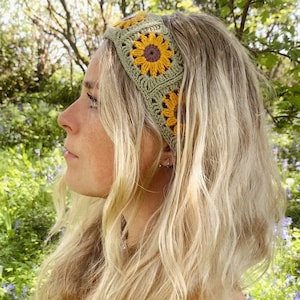 Crochet Sunflower Bohemian Headband | Boho Tie Back Bandana