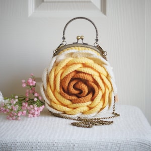 Yellow Crochet Rose Bag with Vintage Kiss Lock Frame and Chain Shoulder Strap - Handmade Elegance for Special Occasions