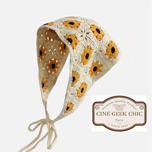 Bohemian Bandana Crochet | Sunflower Hair scarf | Cottage Core Bandana | Sunflower hair accessory | Boho Crochet Head Scarf | Boho Hair Wrap