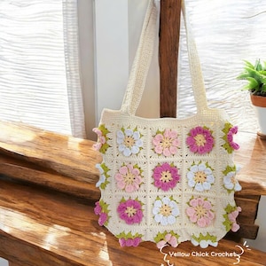 Flower Tote bag, Floral bag, Crochet Granny square bag, handmade shoulder bag, pink flower summer beach bag, mother's day gift, easter gift