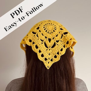 Crochet bandana pattern - Yellow granny square - Flower headband triangle headscarf - Kerchief pattern - Medium weight yarn - Tutorial PDF
