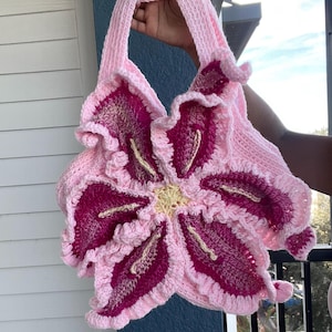 Handmade Crochet Pink Lily Flower Shoulder Bag/Purse with Sewn Lining - Made to Order
