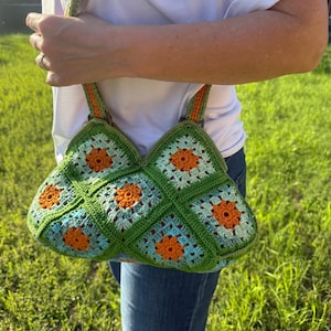 Handmade Crochet Granny Square Tote Bag – Green, Orange and Mint Floral Boho Purse